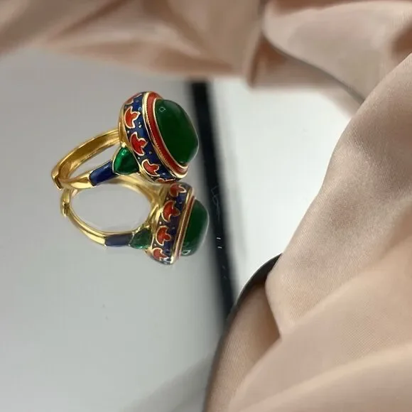 Enamel Ring with Green Stone in Oriental Style - Picture 6 of 10